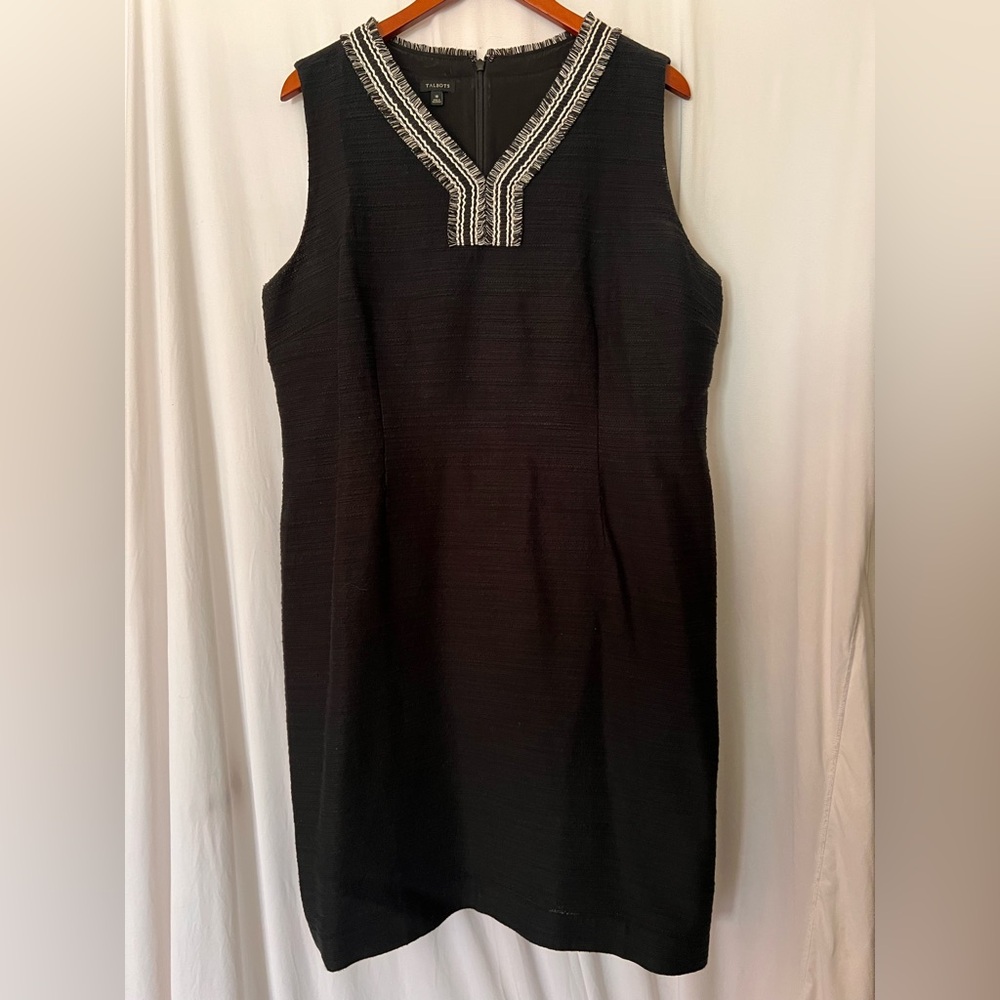 Talbots Black Sleeveless Shift Dress with Embroidered V-Neck